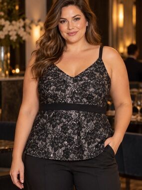Ricki’s XL Black Silver Metallic Floral Lace Evening Camisole